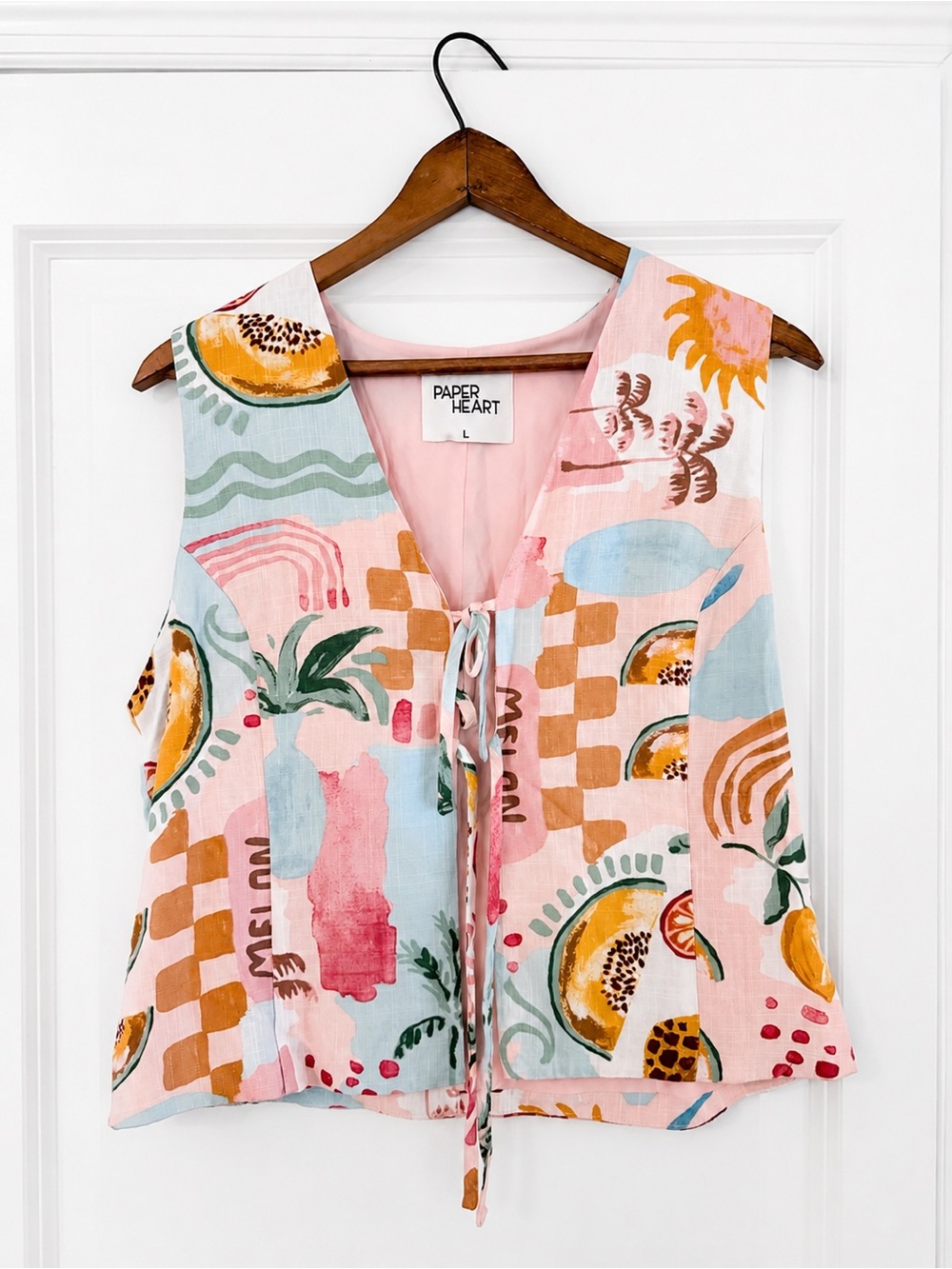 Paper Heart Linen Tropical Print Front Tie Vest Top Size Large Colorful